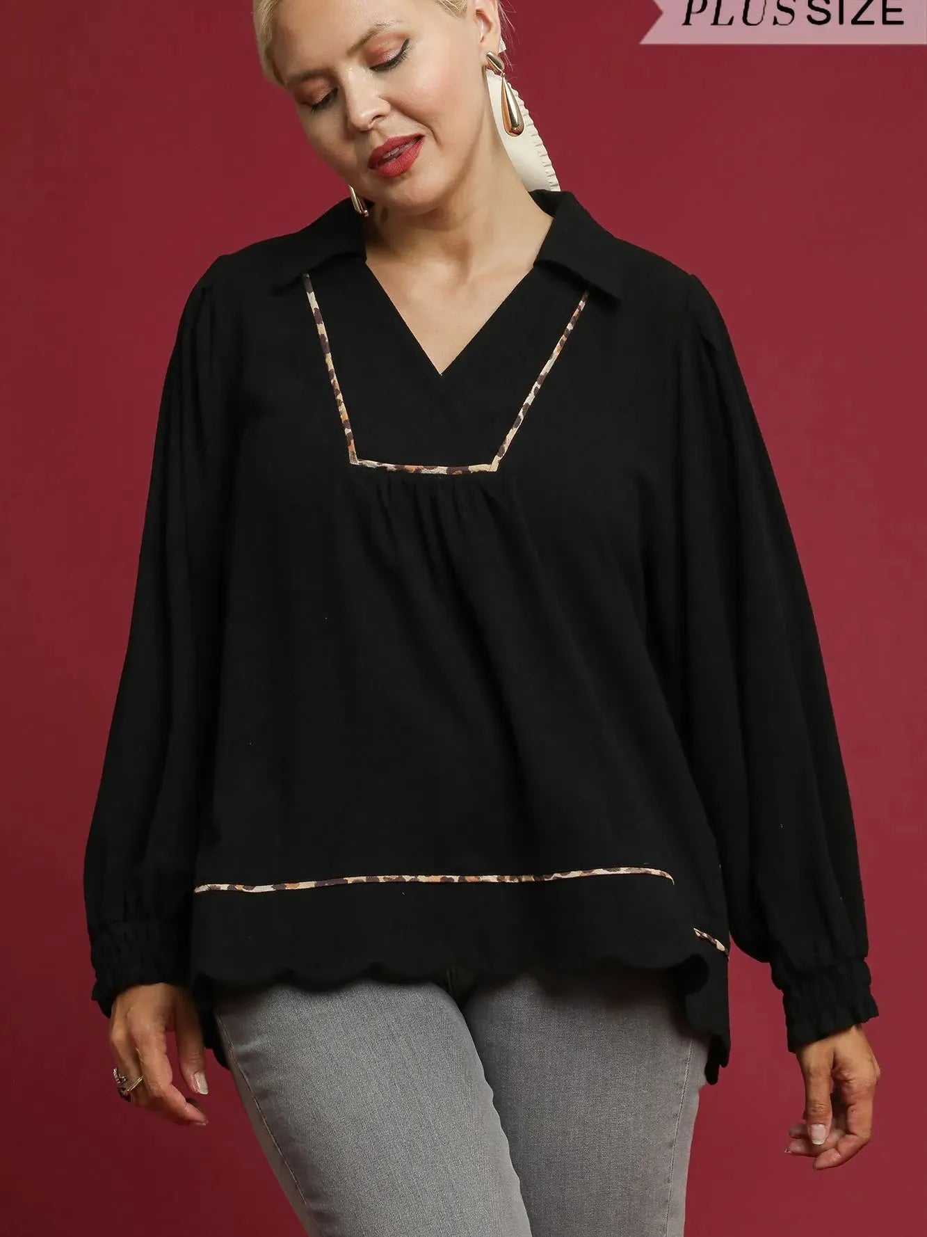 Scallop Chic Black Linen Long Sleeve Blouse by Umgee-Women's Shirts & Tops-Shop Z & Joxa