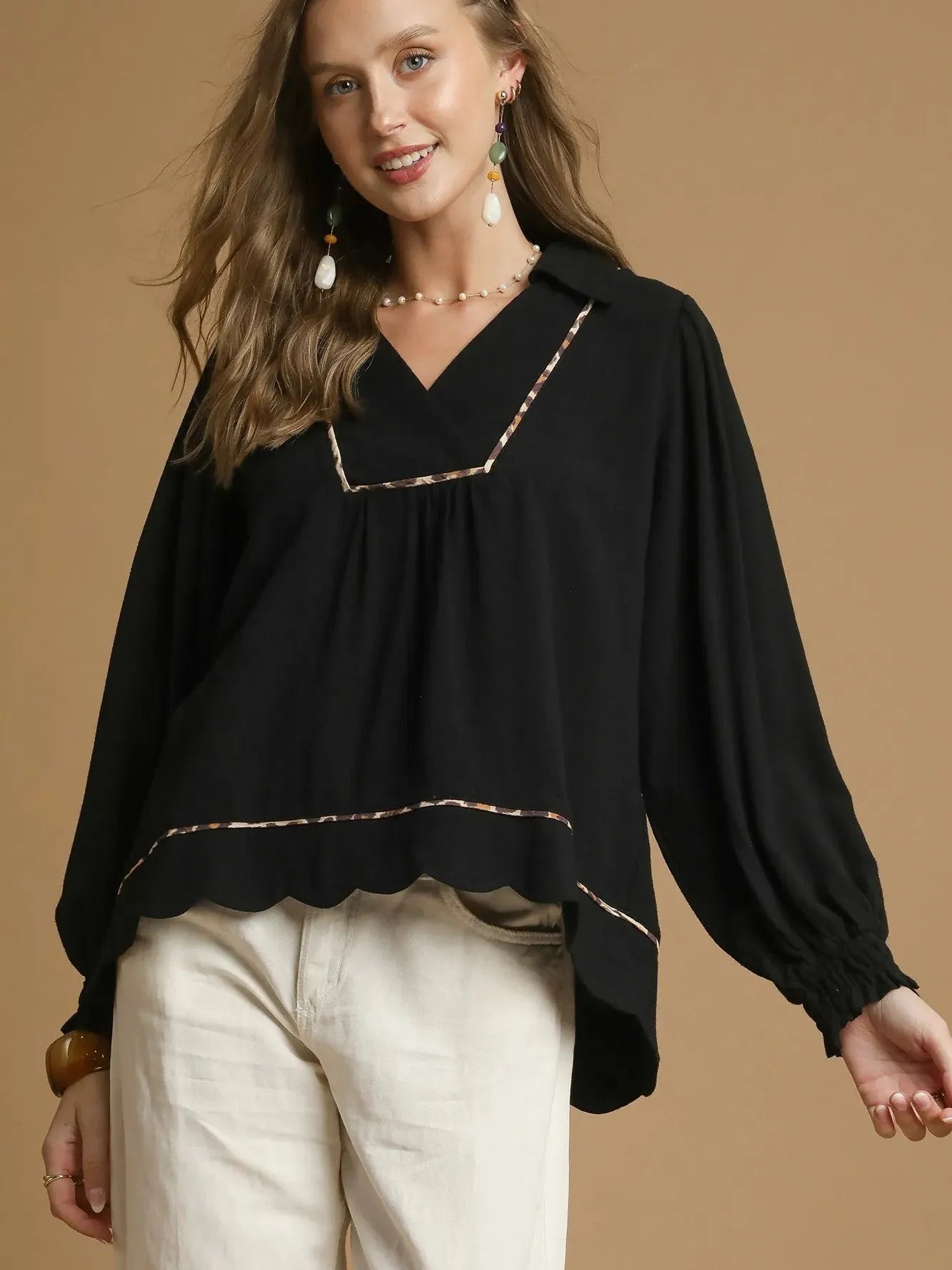 Scallop Chic Black Linen Long Sleeve Blouse by Umgee-Women's Shirts & Tops-Shop Z & Joxa