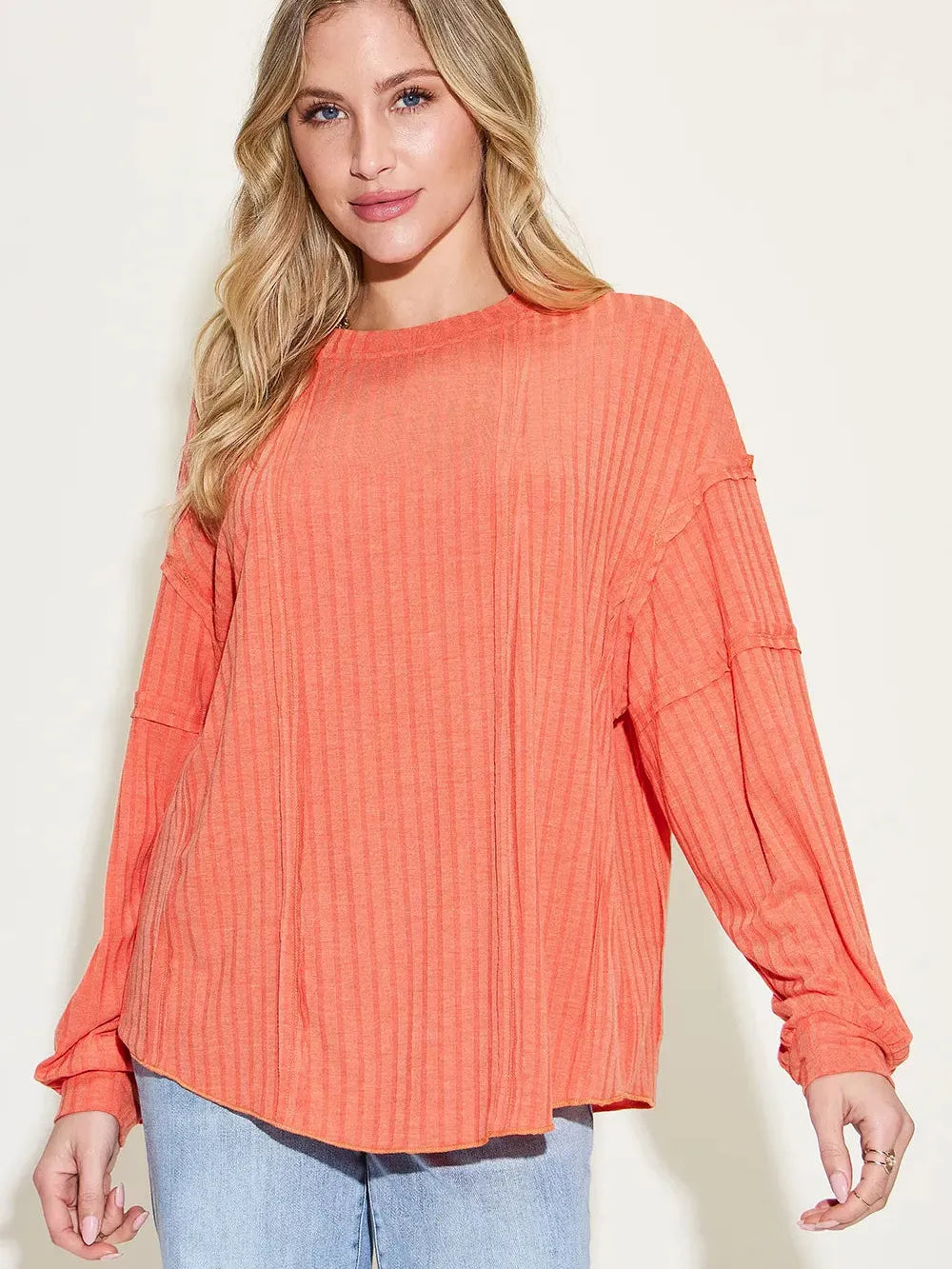 Seam It Up Ribbed Round Neck Long Sleeve Shirt By Basic Bae-Women's Shirts & Tops-Shop Z & Joxa