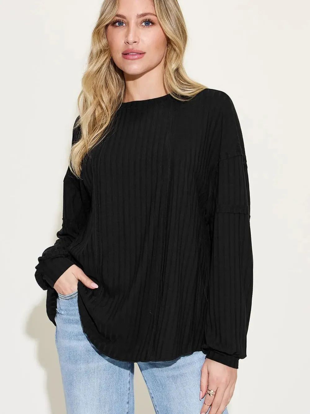 Seam It Up Ribbed Round Neck Long Sleeve Shirt By Basic Bae-Women's Shirts & Tops-Shop Z & Joxa