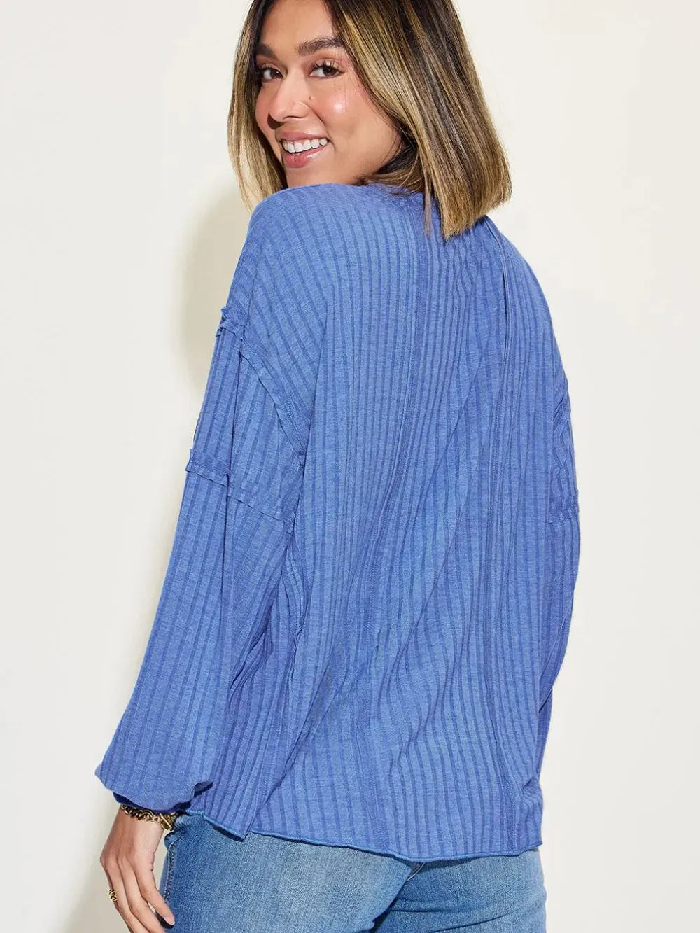 Seam It Up Ribbed Round Neck Long Sleeve Shirt By Basic Bae-Women's Shirts & Tops-Shop Z & Joxa