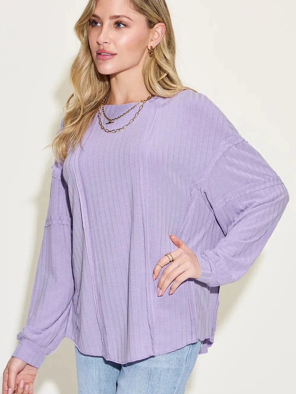 Seam It Up Ribbed Round Neck Long Sleeve Shirt By Basic Bae-Women's Shirts & Tops-Shop Z & Joxa