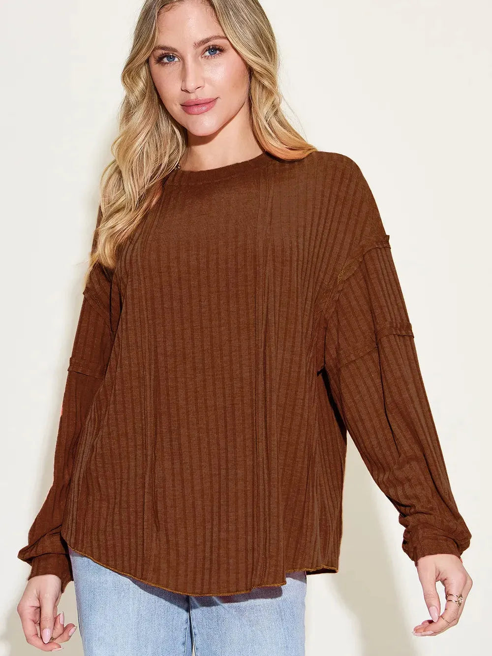 Seam It Up Ribbed Round Neck Long Sleeve Shirt By Basic Bae-Women's Shirts & Tops-Shop Z & Joxa