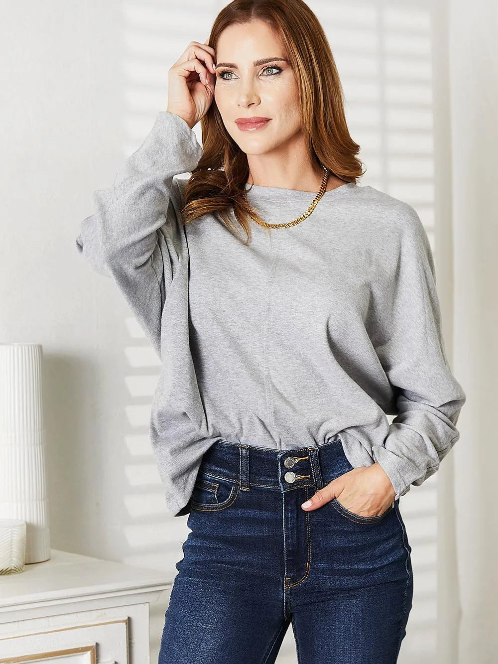 Seamlessly Chic: Double Take Long Sleeve Round Neck Sweater-Women's Shirts & Tops-Shop Z & Joxa