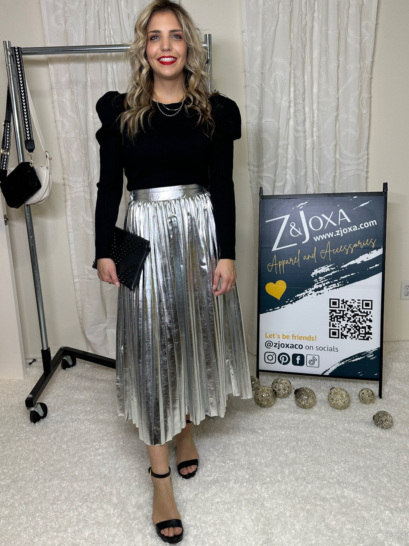 Seize the Day Metallic Pleated Midi Skirt-Women's Clothing-Shop Z & Joxa