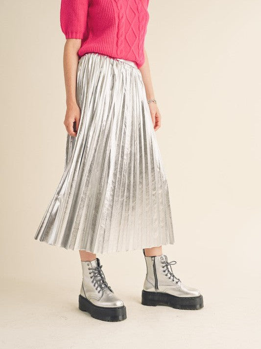 Seize the Day Metallic Pleated Midi Skirt-Women's Clothing-Shop Z & Joxa