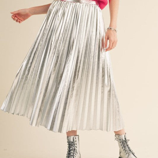 Seize the Day Metallic Pleated Midi Skirt-Women's Clothing-Shop Z & Joxa
