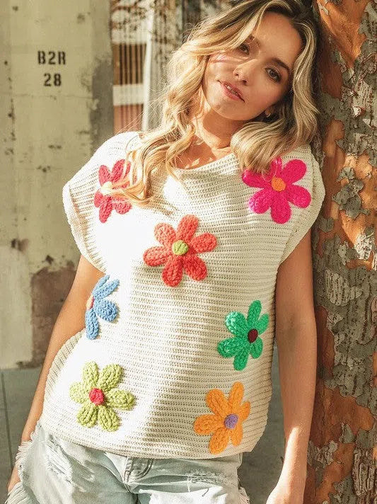 Share Happiness Crochet Flower Embroidery Knit Top-Women's Clothing-Shop Z & Joxa