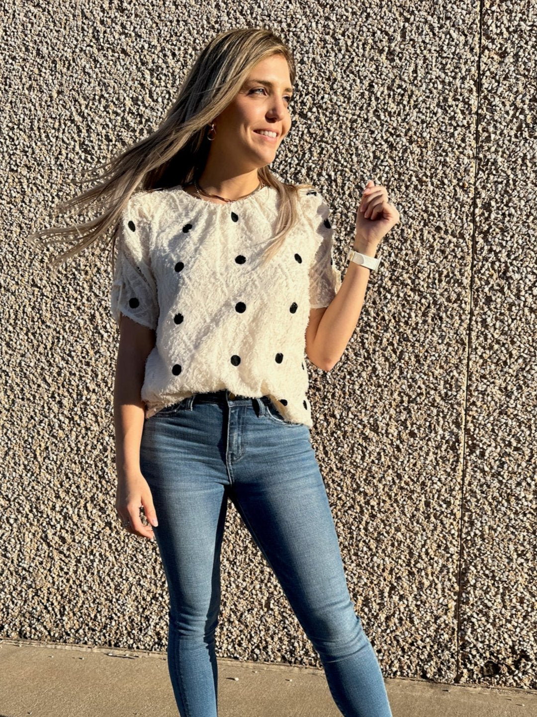 She Can Conquer The World Textured Polka Dot Top-Women's Shirts & Tops-Shop Z & Joxa