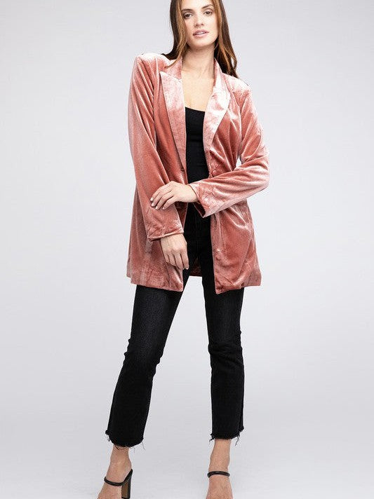 Shine in Velvet Peak Lapel Long Single Style Blazer-Women's Clothing-Shop Z & Joxa