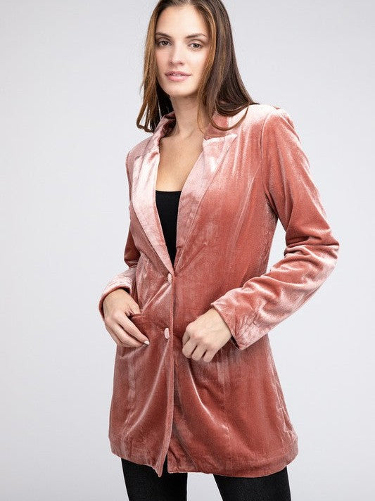 Shine in Velvet Peak Lapel Long Single Style Blazer-Women's Clothing-Shop Z & Joxa