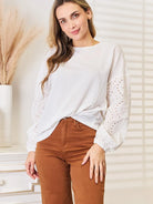 Shiny Whisper Lace Eyelet Long Sleeve Drop Shoulder Blouse-Women's Shirts & Tops-Shop Z & Joxa