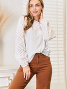 Shiny Whisper Lace Eyelet Long Sleeve Drop Shoulder Blouse-Women's Shirts & Tops-Shop Z & Joxa