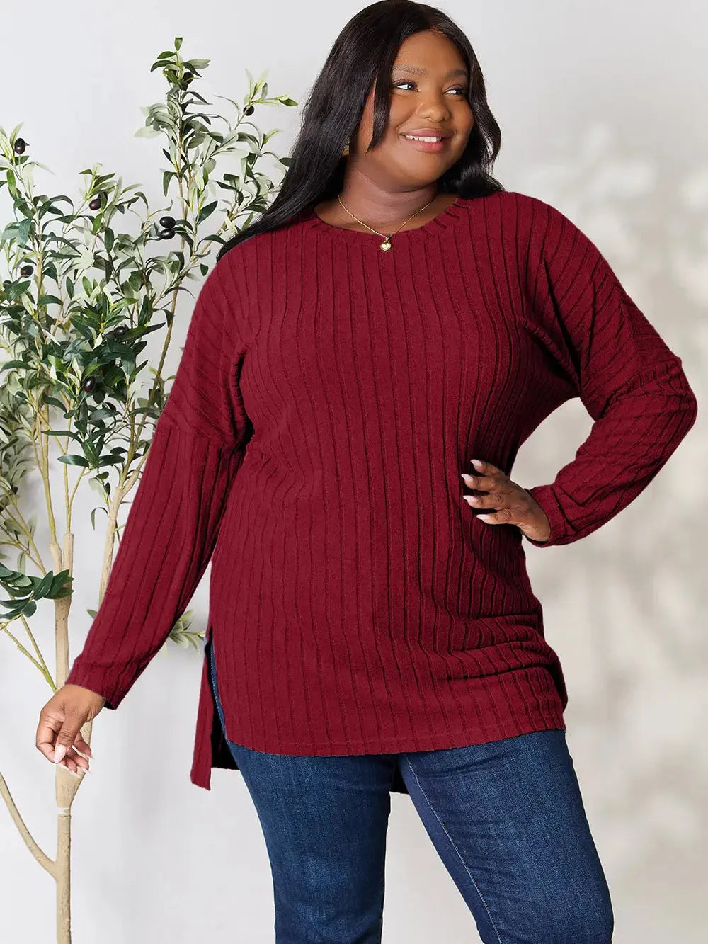 Side Hustle Ribbed Slit Hem Long Sleeve Top by Basic Bae-Women's Shirts & Tops-Shop Z & Joxa