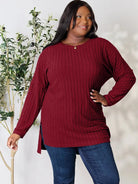 Side Hustle Ribbed Slit Hem Long Sleeve Top by Basic Bae-Women's Shirts & Tops-Shop Z & Joxa