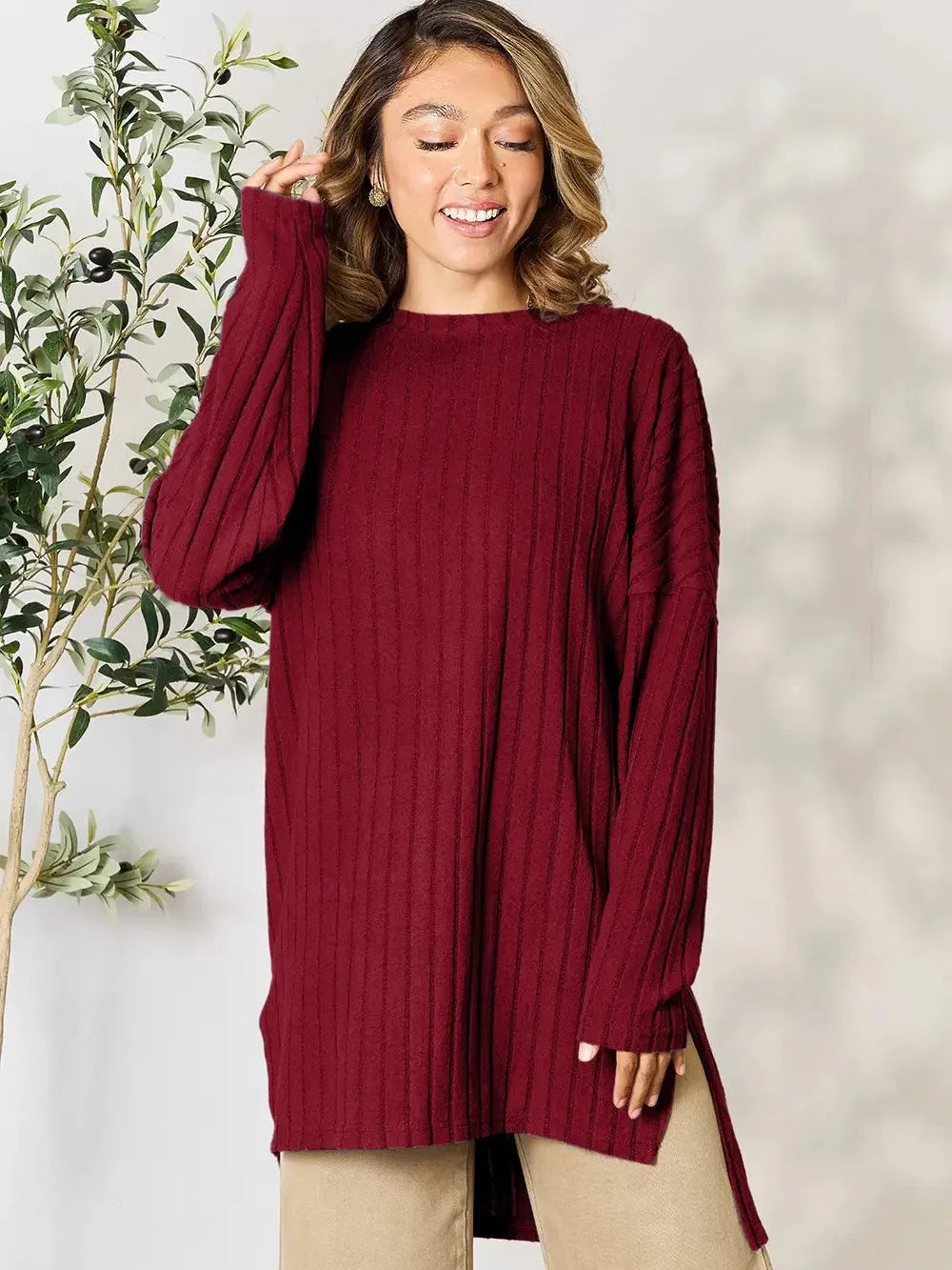 Side Hustle Ribbed Slit Hem Long Sleeve Top by Basic Bae-Women's Shirts & Tops-Shop Z & Joxa