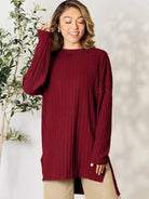 Side Hustle Ribbed Slit Hem Long Sleeve Top by Basic Bae-Women's Shirts & Tops-Shop Z & Joxa