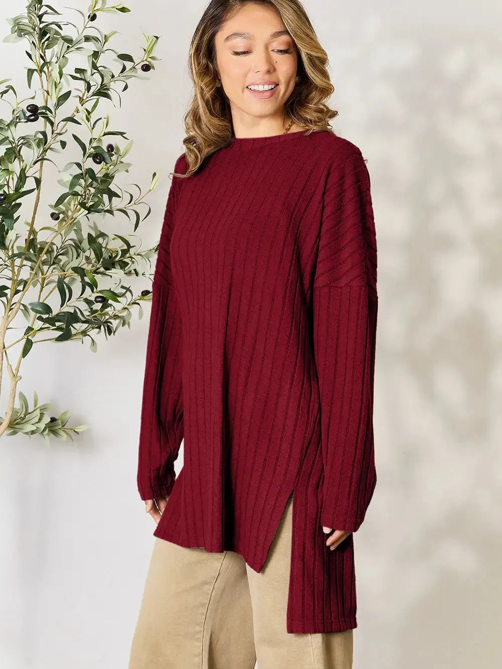 Side Hustle Ribbed Slit Hem Long Sleeve Top by Basic Bae-Women's Shirts & Tops-Shop Z & Joxa