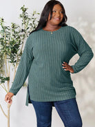 Side Hustle Ribbed Slit Hem Long Sleeve Top by Basic Bae-Women's Shirts & Tops-Shop Z & Joxa
