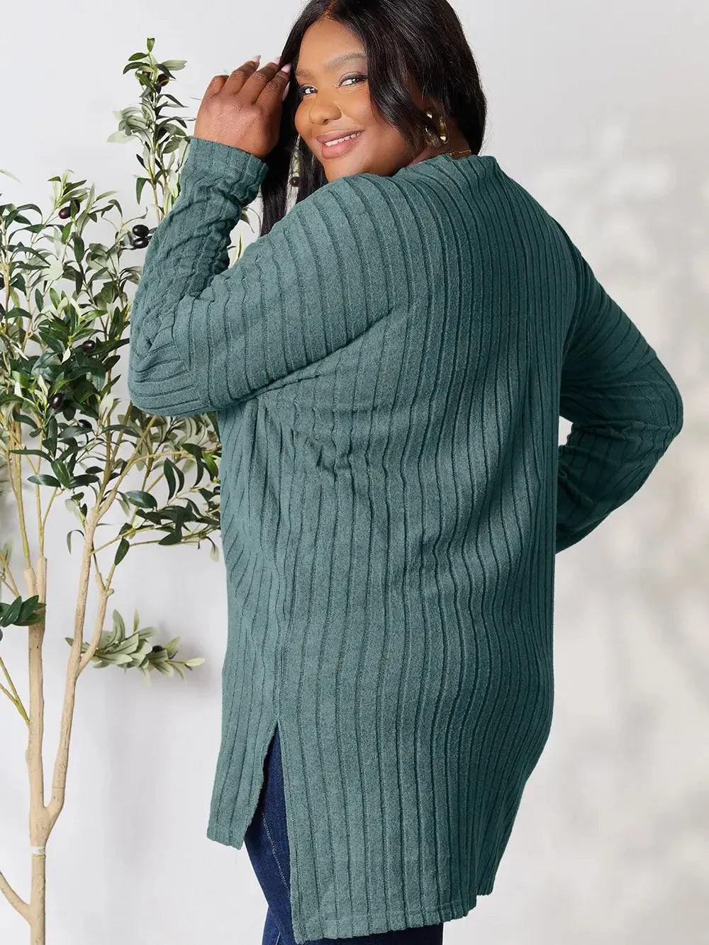 Side Hustle Ribbed Slit Hem Long Sleeve Top by Basic Bae-Women's Shirts & Tops-Shop Z & Joxa