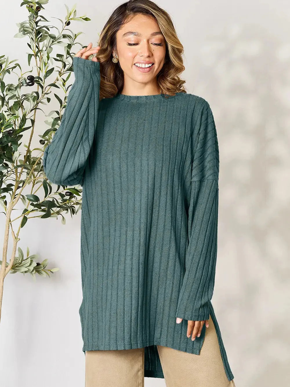 Side Hustle Ribbed Slit Hem Long Sleeve Top by Basic Bae-Women's Shirts & Tops-Shop Z & Joxa