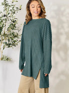 Side Hustle Ribbed Slit Hem Long Sleeve Top by Basic Bae-Women's Shirts & Tops-Shop Z & Joxa