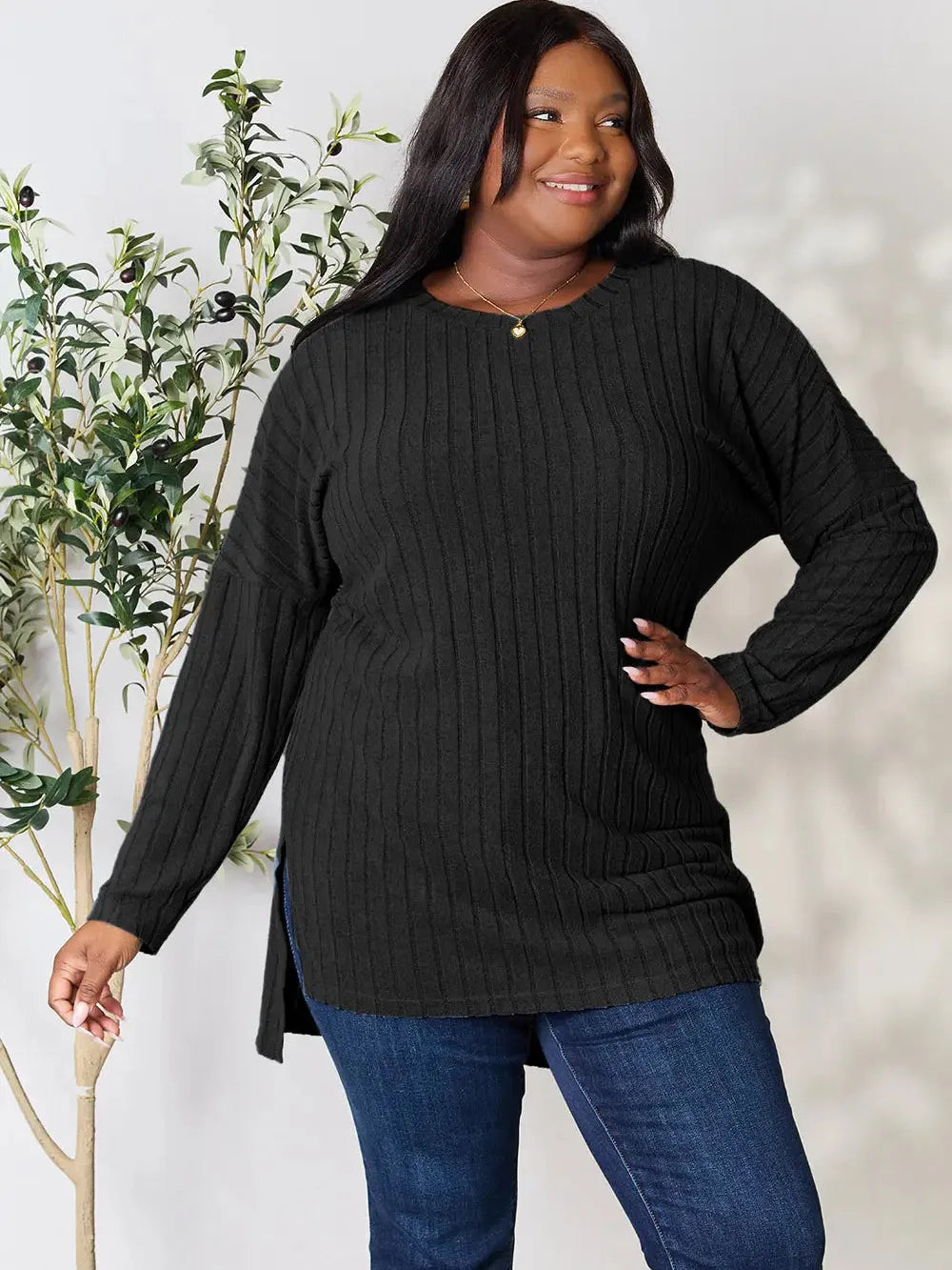 Side Hustle Ribbed Slit Hem Long Sleeve Top by Basic Bae-Women's Shirts & Tops-Shop Z & Joxa