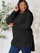 Side Hustle Ribbed Slit Hem Long Sleeve Top by Basic Bae-Women's Shirts & Tops-Shop Z & Joxa