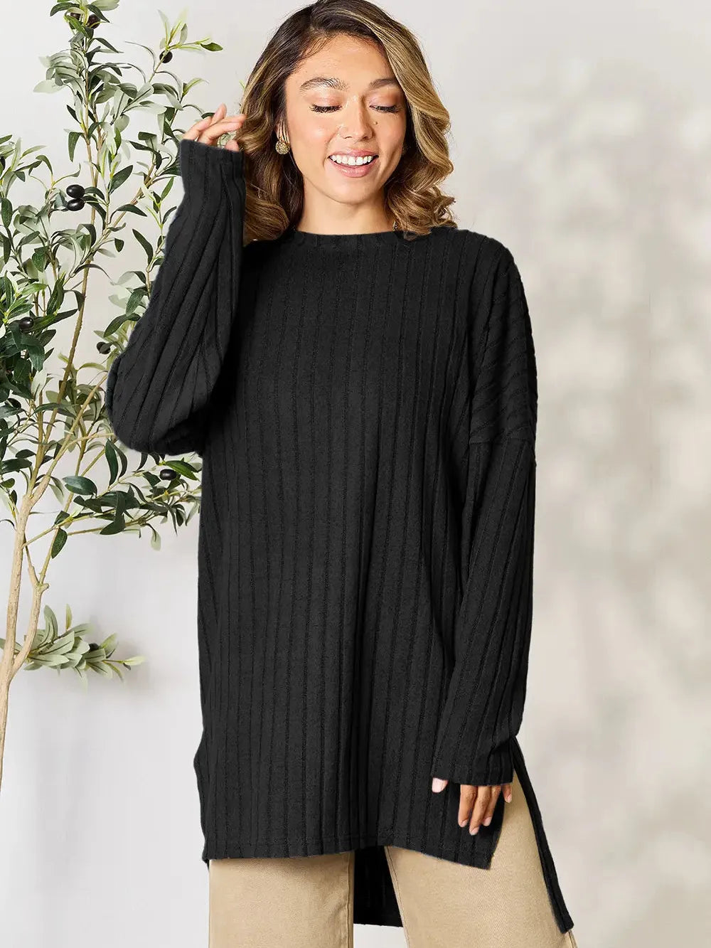 Side Hustle Ribbed Slit Hem Long Sleeve Top by Basic Bae-Women's Shirts & Tops-Shop Z & Joxa