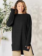 Side Hustle Ribbed Slit Hem Long Sleeve Top by Basic Bae-Women's Shirts & Tops-Shop Z & Joxa