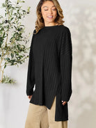 Side Hustle Ribbed Slit Hem Long Sleeve Top by Basic Bae-Women's Shirts & Tops-Shop Z & Joxa