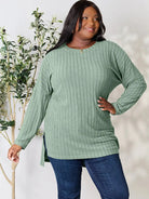 Side Hustle Ribbed Slit Hem Long Sleeve Top by Basic Bae-Women's Shirts & Tops-Shop Z & Joxa