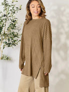 Side Hustle Ribbed Slit Hem Long Sleeve Top by Basic Bae-Women's Shirts & Tops-Shop Z & Joxa