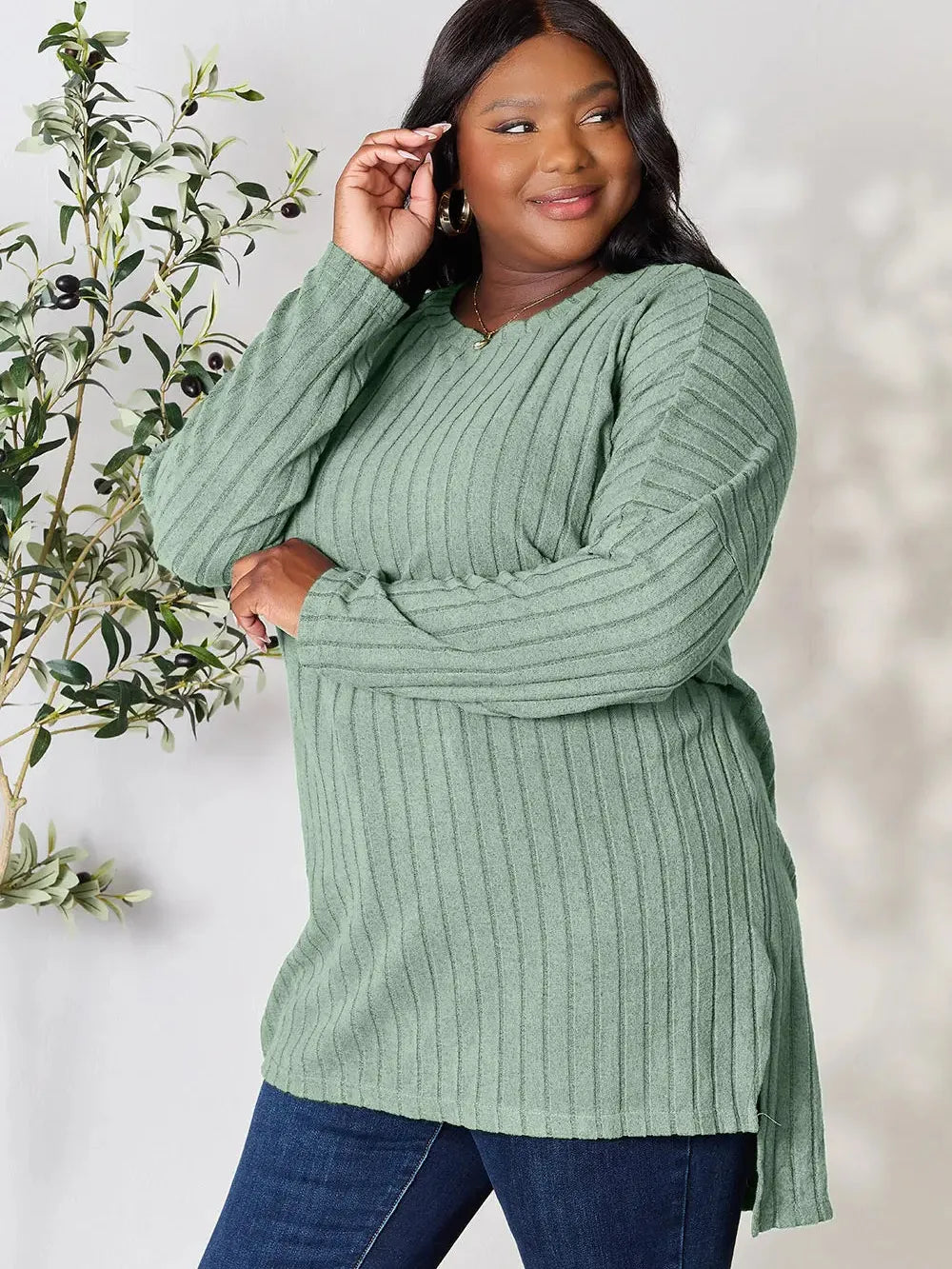 Side Hustle Ribbed Slit Hem Long Sleeve Top by Basic Bae-Women's Shirts & Tops-Shop Z & Joxa