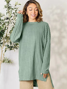 Side Hustle Ribbed Slit Hem Long Sleeve Top by Basic Bae-Women's Shirts & Tops-Shop Z & Joxa