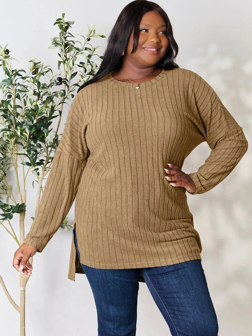 Side Hustle Ribbed Slit Hem Long Sleeve Top by Basic Bae-Women's Shirts & Tops-Shop Z & Joxa
