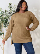 Side Hustle Ribbed Slit Hem Long Sleeve Top by Basic Bae-Women's Shirts & Tops-Shop Z & Joxa