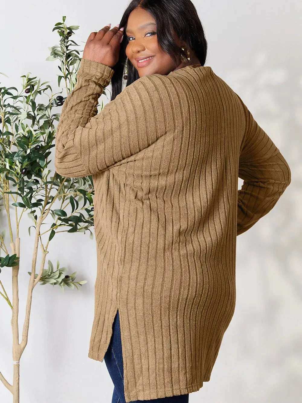 Side Hustle Ribbed Slit Hem Long Sleeve Top by Basic Bae-Women's Shirts & Tops-Shop Z & Joxa