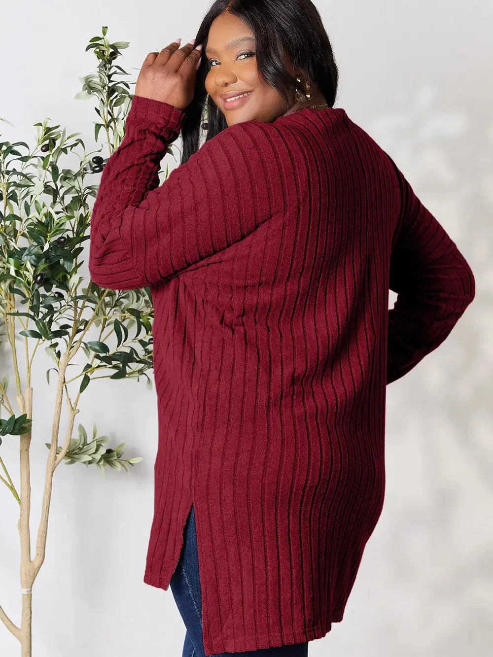 Side Hustle Ribbed Slit Hem Long Sleeve Top by Basic Bae-Women's Shirts & Tops-Shop Z & Joxa