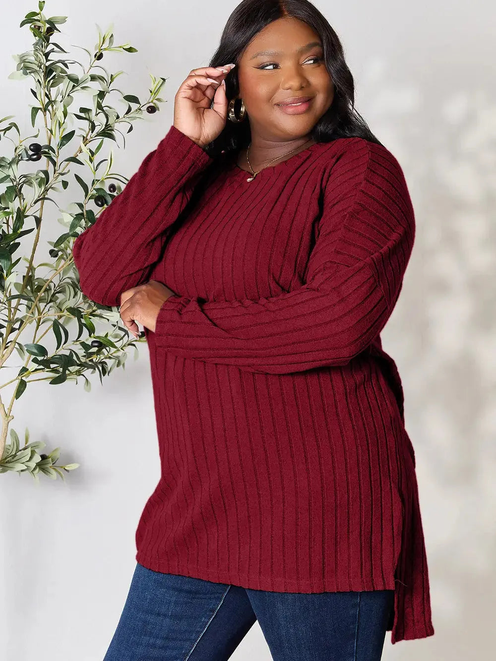 Side Hustle Ribbed Slit Hem Long Sleeve Top by Basic Bae-Women's Shirts & Tops-Shop Z & Joxa