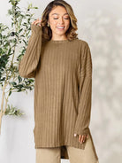 Side Hustle Ribbed Slit Hem Long Sleeve Top by Basic Bae-Women's Shirts & Tops-Shop Z & Joxa