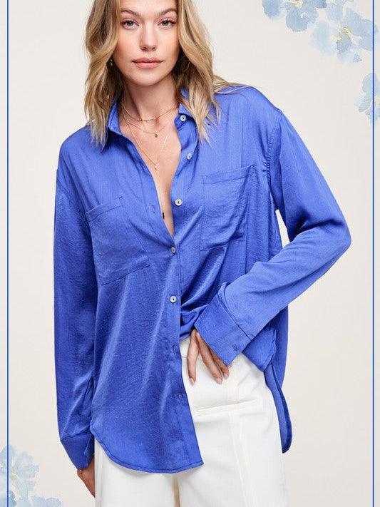 Silky Long Sleeve Button Up Shirt-Women's Clothing-Shop Z & Joxa