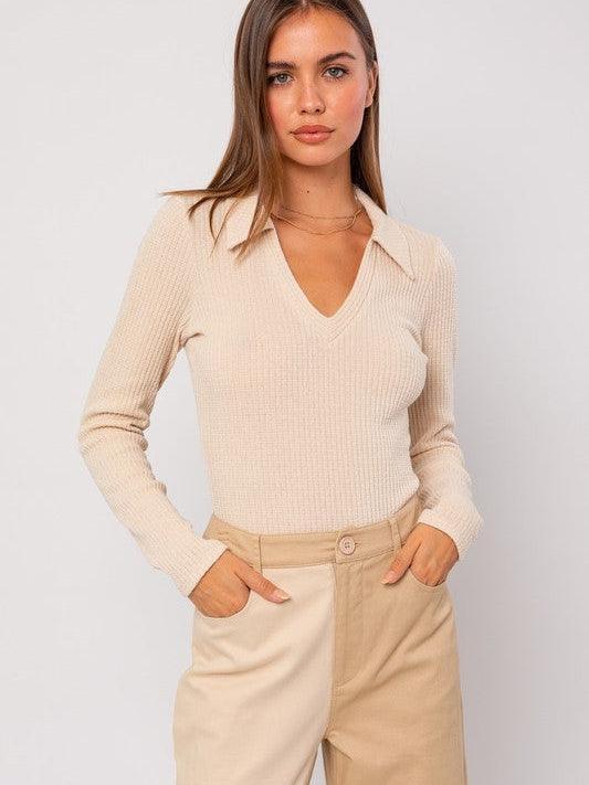 Simple Collared Rib Knit Bodysuit-Women's Clothing-Shop Z & Joxa