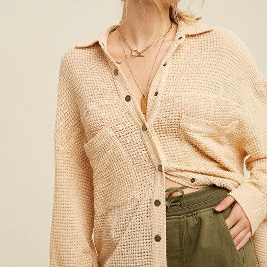 Simple Waffle Knit Button Shirt-Women's Clothing-Shop Z & Joxa