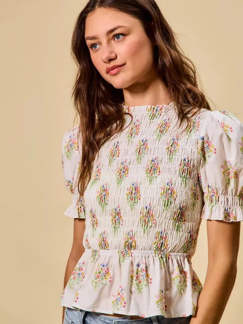 So Me Bloomsoft Beauty Smocked Short Sleeve Peplum Blouse-Women's Shirts & Tops-Shop Z & Joxa