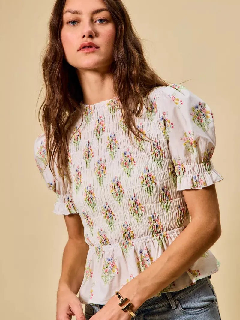 So Me Bloomsoft Beauty Smocked Short Sleeve Peplum Blouse-Women's Shirts & Tops-Shop Z & Joxa