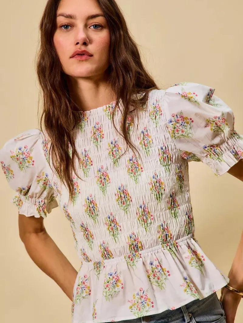 So Me Bloomsoft Beauty Smocked Short Sleeve Peplum Blouse-Women's Shirts & Tops-Shop Z & Joxa