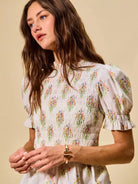 So Me Bloomsoft Beauty Smocked Short Sleeve Peplum Blouse-Women's Shirts & Tops-Shop Z & Joxa