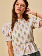 So Me Bloomsoft Beauty Smocked Short Sleeve Peplum Blouse-Women's Shirts & Tops-Shop Z & Joxa