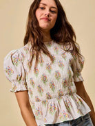 So Me Bloomsoft Beauty Smocked Short Sleeve Peplum Blouse-Women's Shirts & Tops-Shop Z & Joxa